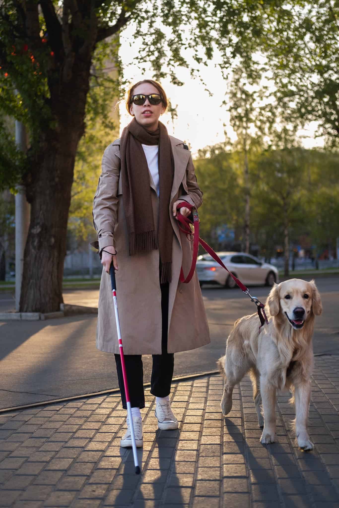 Femme marchant dans la rue  utilisant une canne  et accompagnée de son chien